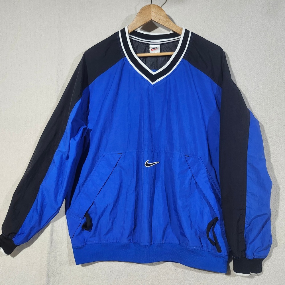 Vintage Nike V-Neck Windbreaker Pullover Blue Black Colorblock Mens Medium 90s